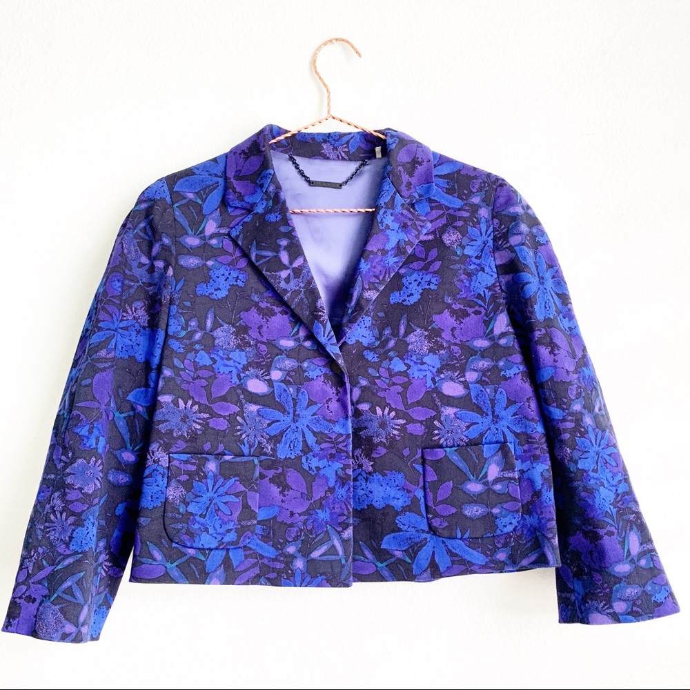 ELIE TAHARI blue purple florals print blazer Medium outerwear cropped jacket